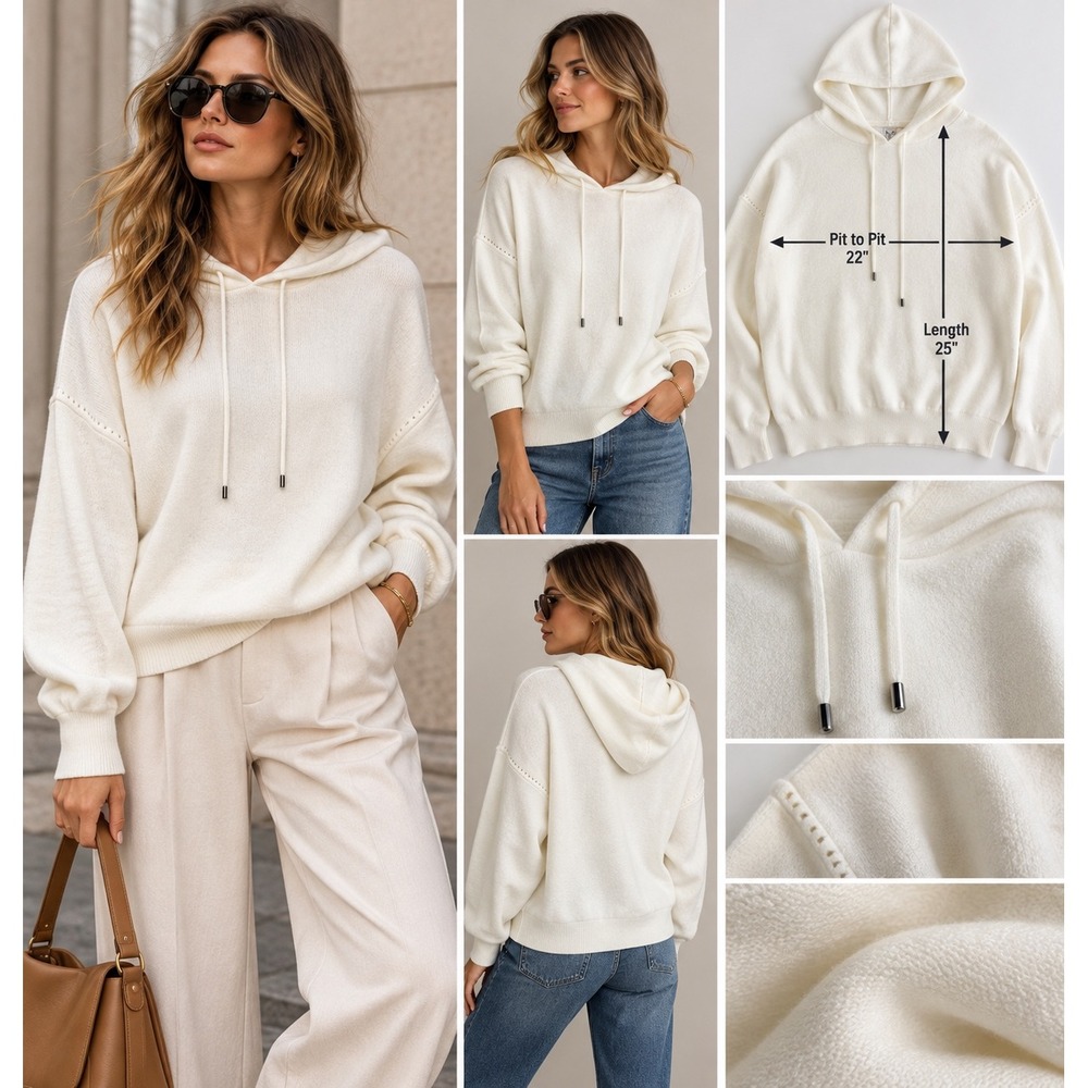 Quiet Luxury Ivory Knit Hoodie Coastal Sweater Magaschoni XL Relaxed Pullover
